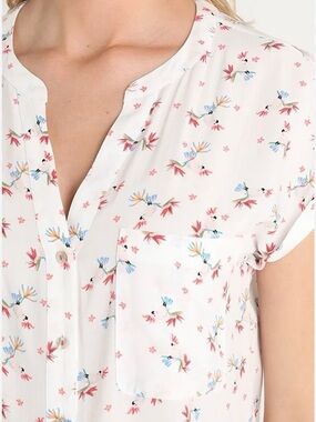 EDC by Esprit White Floral and Parrot Print Short Sleeve Button Top